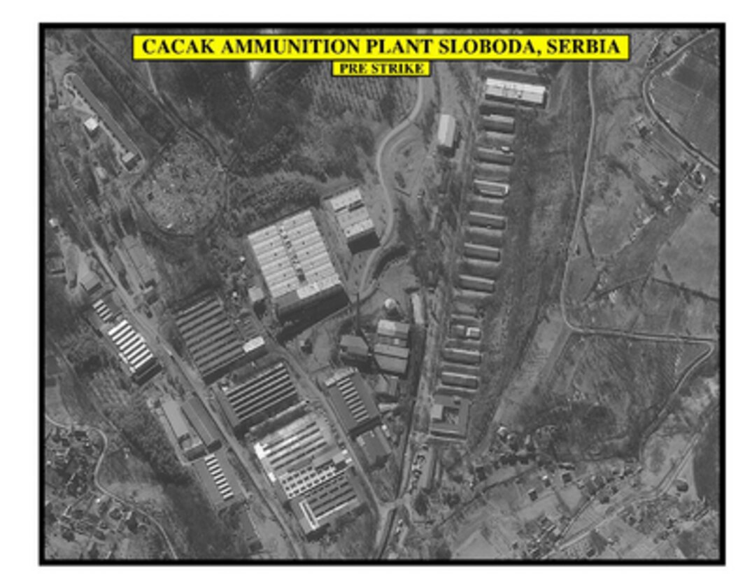 Pre-strike assessment photograph of the Cacak ammunition plant Sloboda, Serbia, used by Joint Staff Vice Director for Strategic Plans and Policy Maj. Gen. Charles F. Wald, U.S. Air Force, during a press briefing on NATO Operation Allied Force in the Pentagon on April 28, 1999. 