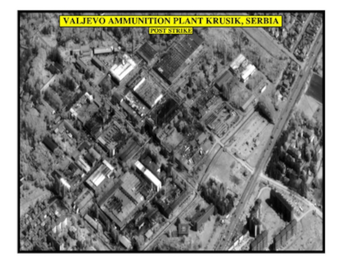 Post-strike bomb damage assessment photograph of the Valjevo ammunition plant Krusik, Serbia, used by Joint Staff Vice Director for Strategic Plans and Policy Maj. Gen. Charles F. Wald, U.S. Air Force, during a press briefing on NATO Operation Allied Force in the Pentagon on April 28, 1999. 