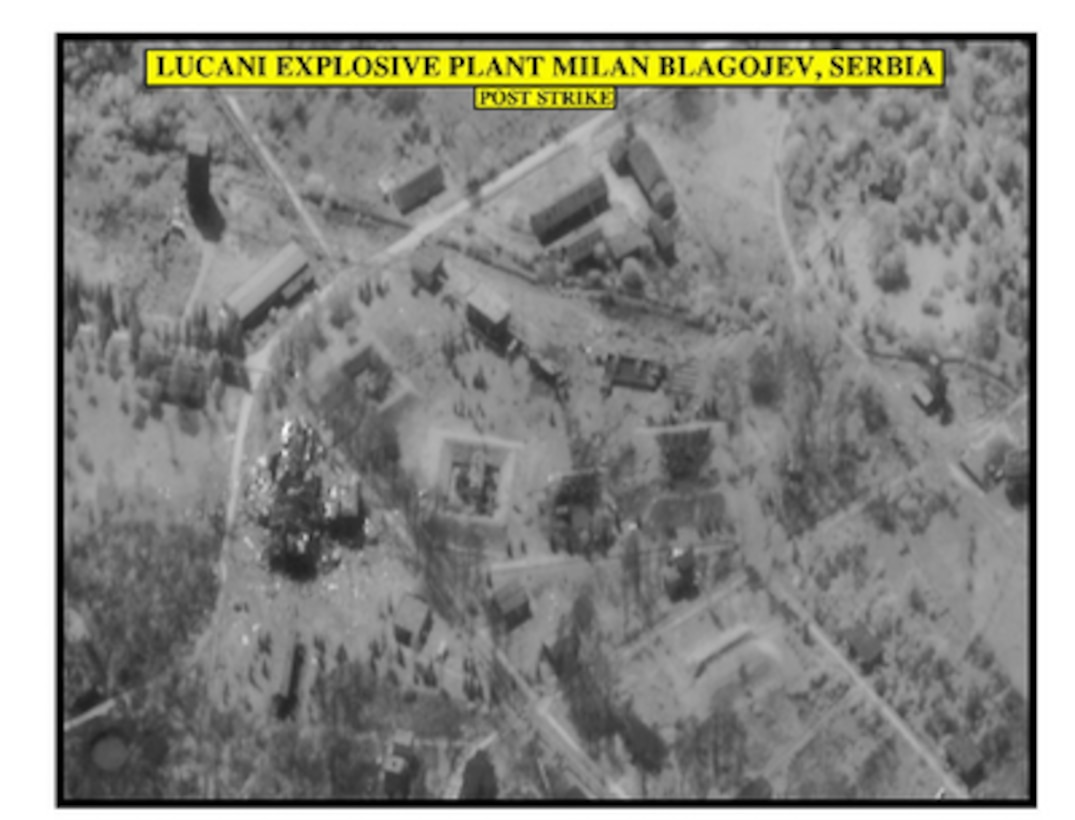 Post-strike bomb damage assessment photograph of the Lucani explosive plant Milan Blagojev, Serbia, used by Joint Staff Vice Director for Strategic Plans and Policy Maj. Gen. Charles F. Wald, U.S. Air Force, during a press briefing on NATO Operation Allied Force in the Pentagon on April 28, 1999. 