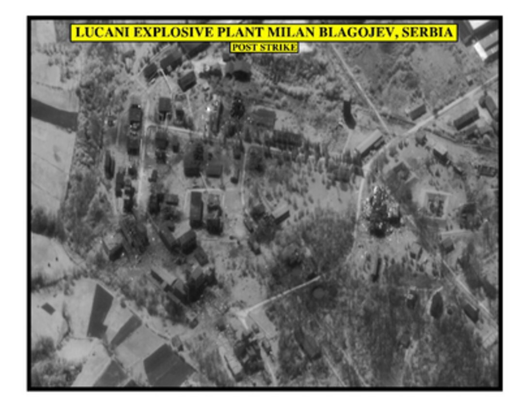 Post-strike bomb damage assessment photograph of the Lucani explosive plant Milan Blagojev, Serbia, used by Joint Staff Vice Director for Strategic Plans and Policy Maj. Gen. Charles F. Wald, U.S. Air Force, during a press briefing on NATO Operation Allied Force in the Pentagon on April 28, 1999. 