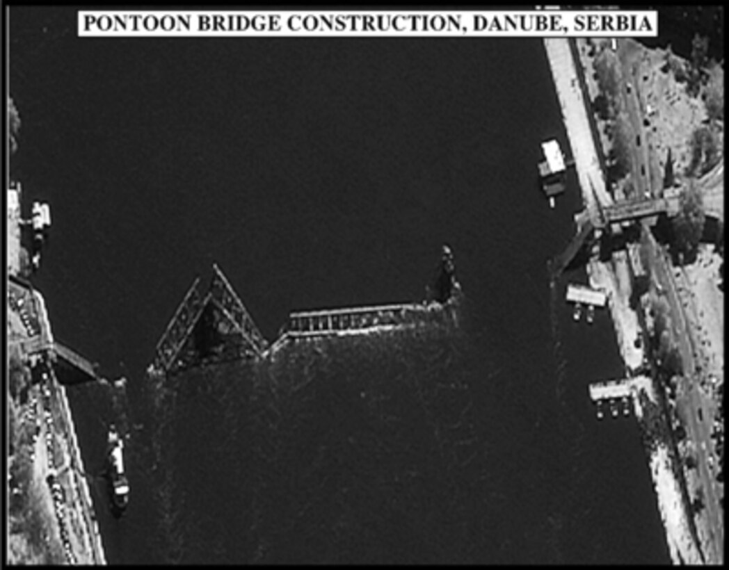Assessment photograph of the Pontoon Bridge Construction, Danube, Serbia, used by Joint Staff Director of Intelligence Rear Adm. Thomas R. Wilson, U.S. Navy, during a press briefing on NATO Operation Allied Force in the Pentagon on April 30, 1999. 