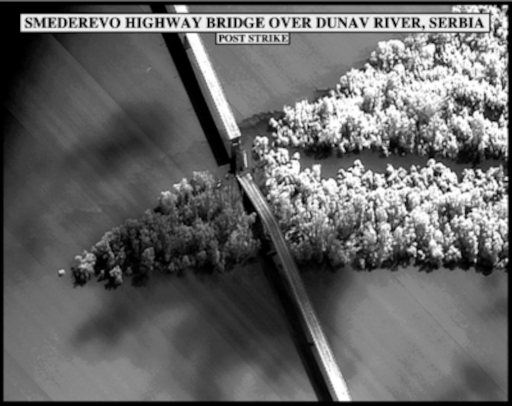 Post-strike bomb damage assessment photograph of the Smederevo Highway Bridge over Dunav River, Serbia, used by Joint Staff Director of Intelligence Rear Adm. Thomas R. Wilson, U.S. Navy, during a press briefing on NATO Operation Allied Force in the Pentagon on April 30, 1999. 