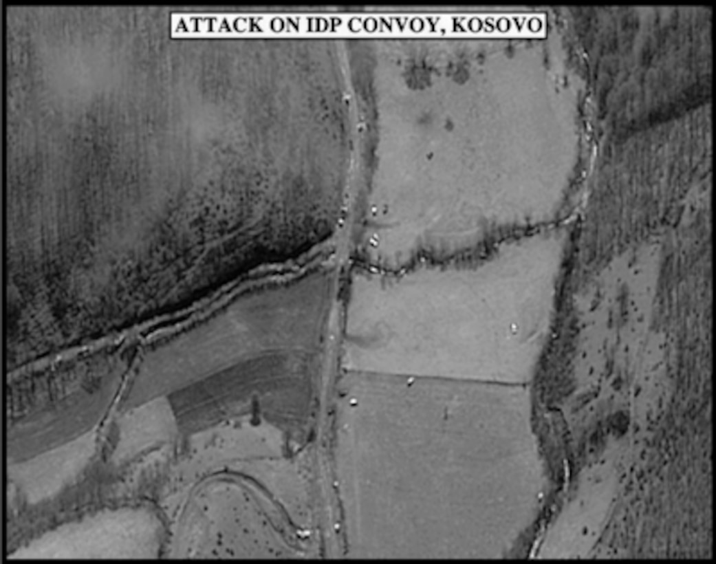 Assessment photograph of Attack on IDP Convoy, Kosovo, used by Joint Staff Director of Intelligence Rear Adm. Thomas R. Wilson, U.S. Navy, during a press briefing on NATO Operation Allied Force in the Pentagon on April 30, 1999. 