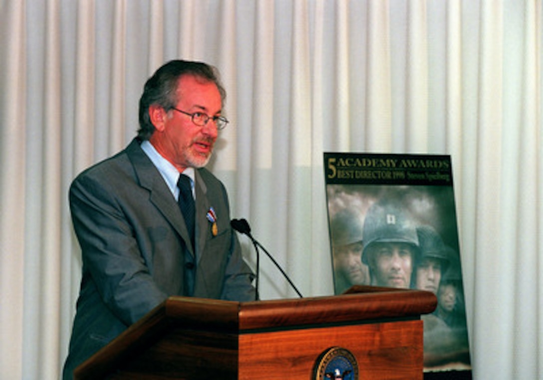 Steven Spielberg makes his remarks after receiving the Department of Defense Medal for Distinguished Public Service from Secretary of Defense William S. Cohen in the Pentagon on Aug. 11, 1999. Cohen presented Spielberg the award in recognition of the impact his movie "Saving Private Ryan" has had on the American people. According to the citation accompanying the medal, "... Mr. Spielberg helped to reconnect the American public with its military men and women, while rekindling a deep sense of gratitude for the daily sacrifices they make on the front lines of our Nation's defense." 
