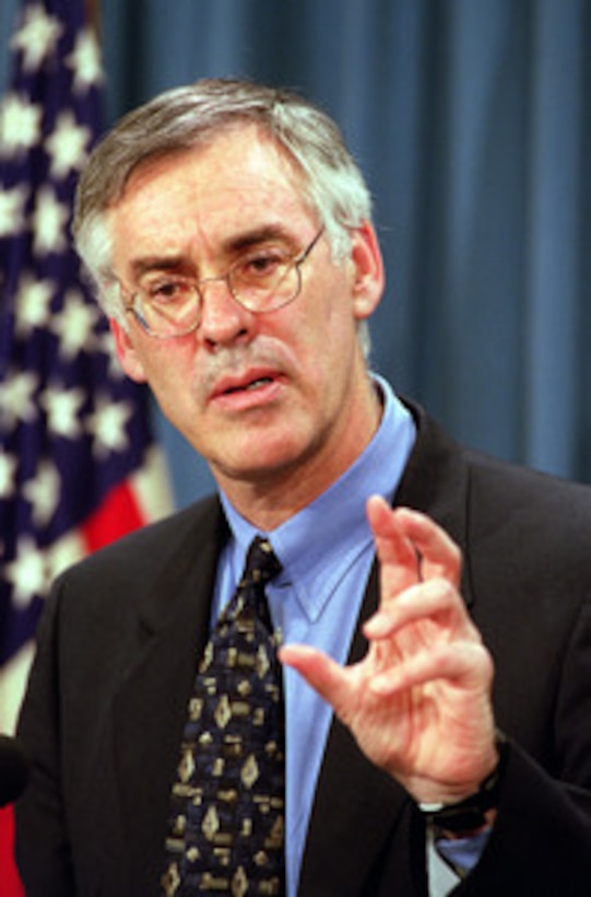 Secretary of the Navy Richard Danzig responds to a reporter's question during a Pentagon briefing concerning the use of the training range on Vieques, Puerto Rico, on Dec. 3, 1999. 