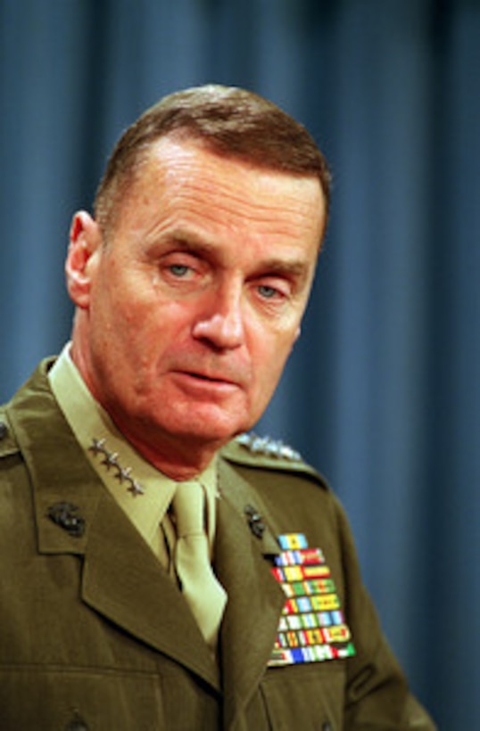 Commandant of the Marine Corps Gen. James Jones responds to a reporter's question during a Pentagon briefing concerning the use of the training range on Vieques, Puerto Rico, on Dec. 3, 1999. 