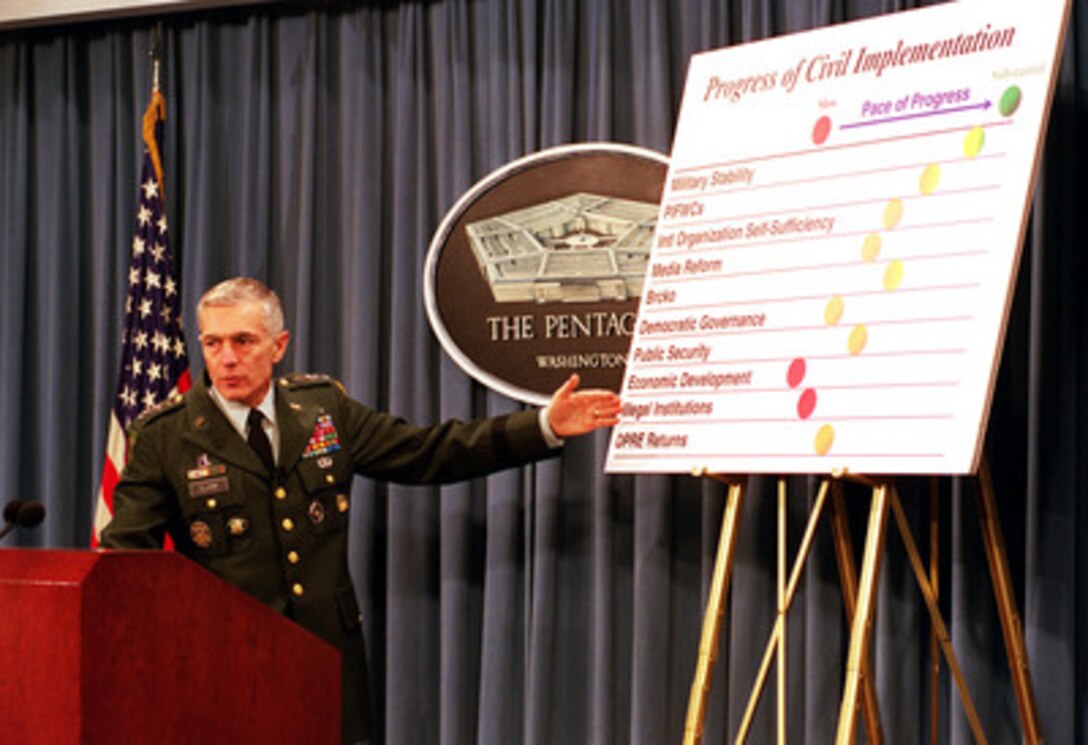 Supreme Allied Commander Europe Gen. Wesley Clark, U.S. Army, briefs reporters on the status of the NATO-led, international peacekeeping operation in Bosnia and Herzegovina at the Pentagon on Dec. 9, 1999. The first U.S. peacekeepers entered the war-ravaged country five years ago this month in an effort to stop the ethnic killings and prevent further deterioration of the region's infrastructure. 