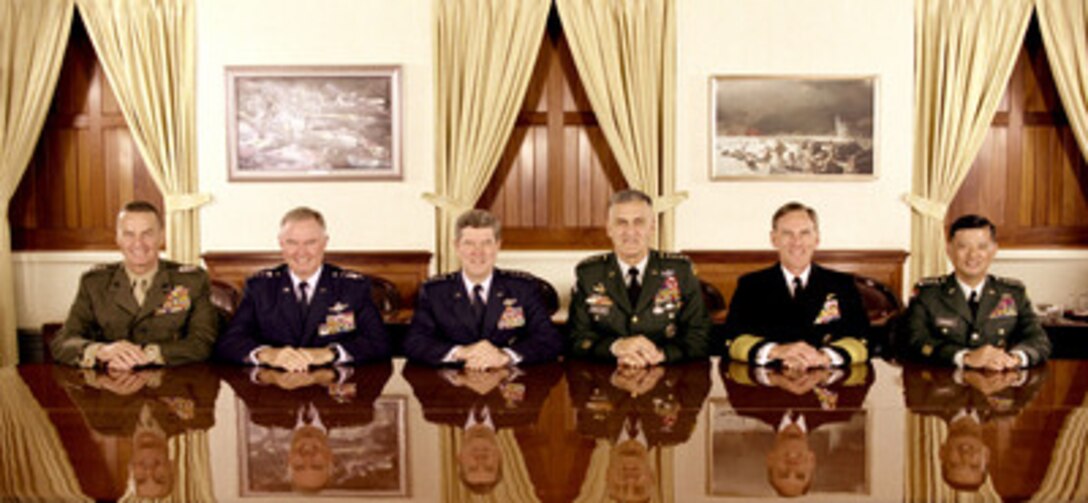 The Joint Chiefs of Staff photographed in the Joint Chiefs of Staff Gold Room, more commonly known as The Tank, in the Pentagon on July 27, 1999. From left to right are: U.S. Marine Corps Commandant Gen. James L. Jones Jr., U.S. Air Force Chief of Staff Gen. Michael E. Ryan, Vice Chairman of the Joint Chiefs of Staff Gen. Joseph W. Ralston, U.S. Air Force, Chairman of the Joint Chiefs of Staff Gen. Henry H. Shelton, U.S. Army, U.S. Navy Chief of Naval Operations Adm. Jay L. Johnson, and U.S. Army Chief of Staff Gen. Eric K. Shinseki. 
