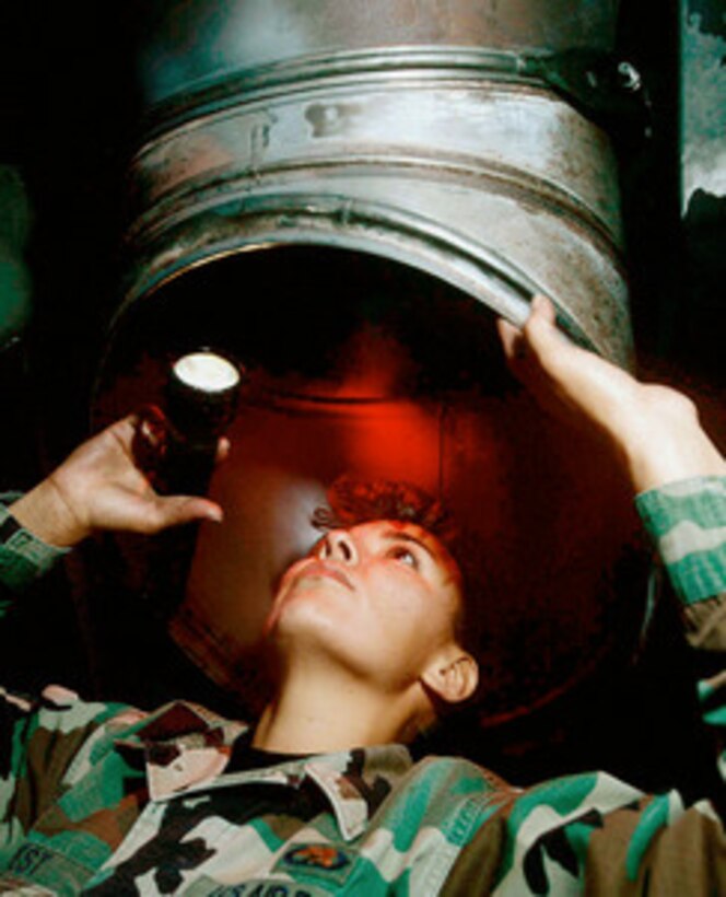 Turboprop engine mechanic Staff Sgt. Carla West performs an inspection of a newly installed tailpipe assembly on an EC-130H Compass Call aircraft at the 41st Electronic Combat Squadron, Davis-Monthan Air Force Base, Ariz., on Dec. 19, 1999. Compass Call is the designation for a modified version of a C-130 Hercules aircraft configured to perform tactical command, control and communications countermeasures. Specifically, the modified aircraft uses noise jamming to prevent communication or degrade the transfer of information essential to command and control of weapon systems and other resources. It primarily supports tactical air operations but also can provide jamming support to ground force operations. West is from Albuquerque, N. M. 