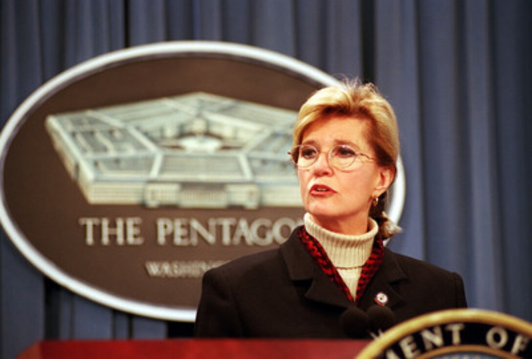 Assistant Secretary of Defense for Health Affairs Dr. Sue Bailey briefs reporters at the Pentagon on the current status of the anthrax immunization program for the U.S. armed services on Dec. 13, 1999. 