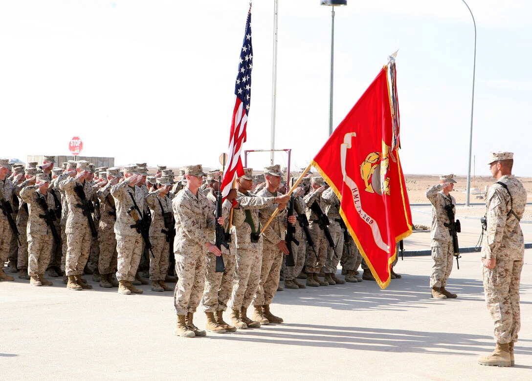 Marines with Marine Light Attack Helicopter Squadron 269 hold an    end-of-mission ceremony at their headquarters building aboard Al Asad Air Base, Iraq, Dec. 15, 2009. After six years in support of Operation Iraqi Freedom, HMLA-269 was the last Marine offensive air support asset in Iraq.
