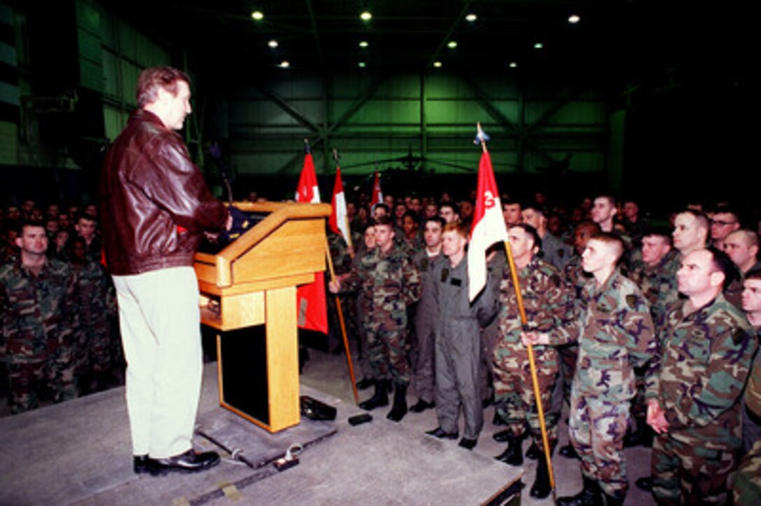 Secretary of Defense William Cohen addresses soldiers of the U.S. Army 6th Cavalry Brigade based at Camp Humphreys, Republic of Korea, on Jan. 14, 1999. Cohen is visiting the base as part of a five-day trip to Japan and the Republic of Korea. The 6th Cavalry operates the AH-64 Apache attack helicopter. 