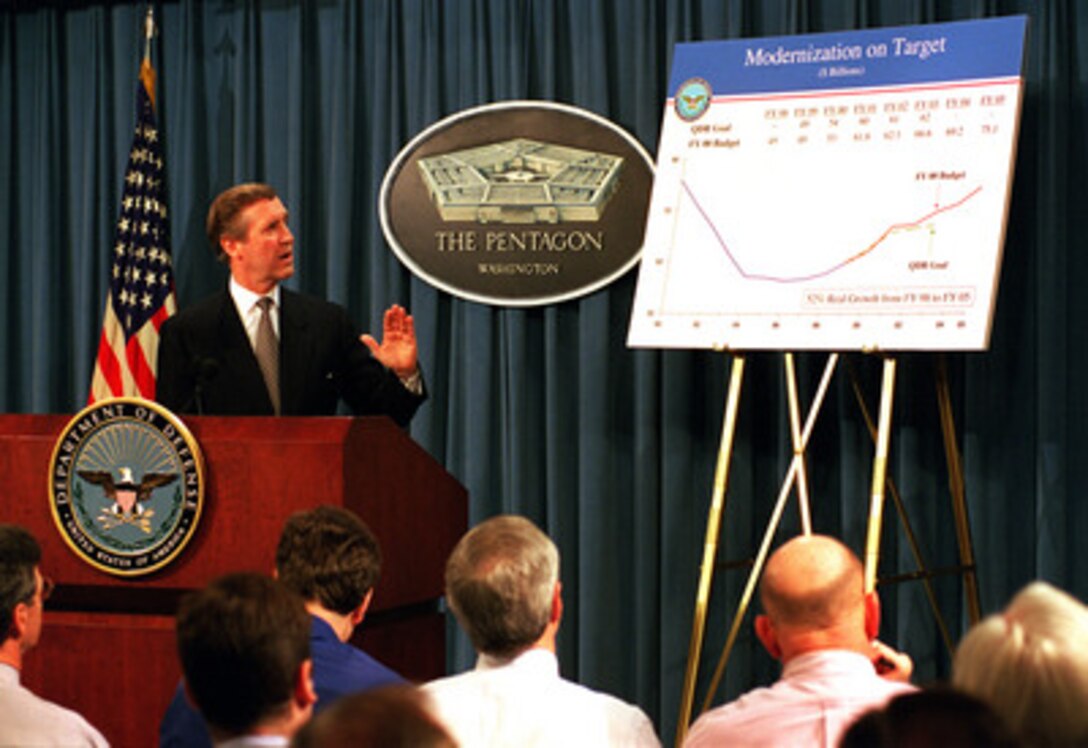 Secretary of Defense William Cohen briefs reporters on the Fiscal Year 2000 defense budget at the Pentagon, on Feb. 1, 1999. 