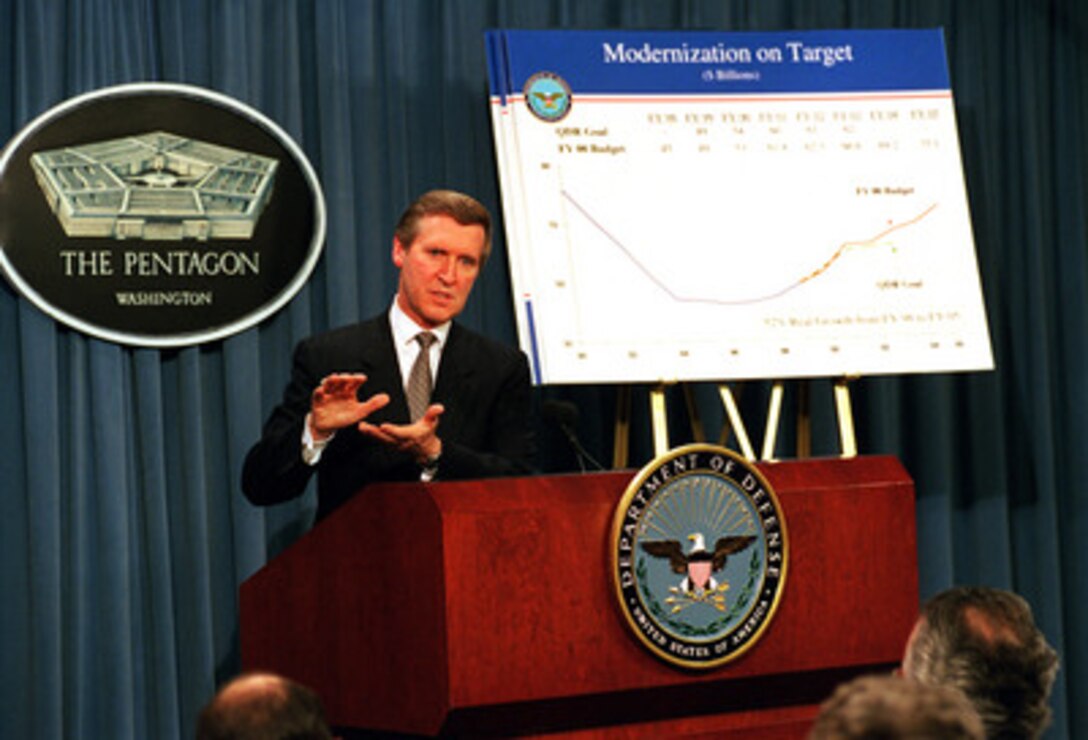 Secretary of Defense William Cohen briefs reporters on the Fiscal Year 2000 defense budget at the Pentagon, on Feb. 1, 1999. 