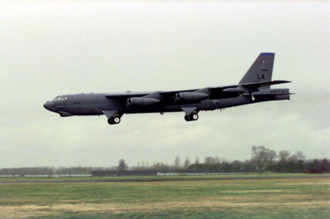 A U.S. Air Force B-52 Stratofortress heavy bomber from Barksdale Air Force Base, La., lands at RAF Fairford, United Kingdom, on Feb. 21, 1999. U.S.-based aircraft and support personnel are deploying to their forward staging bases in Europe for potential NATO air operations. 