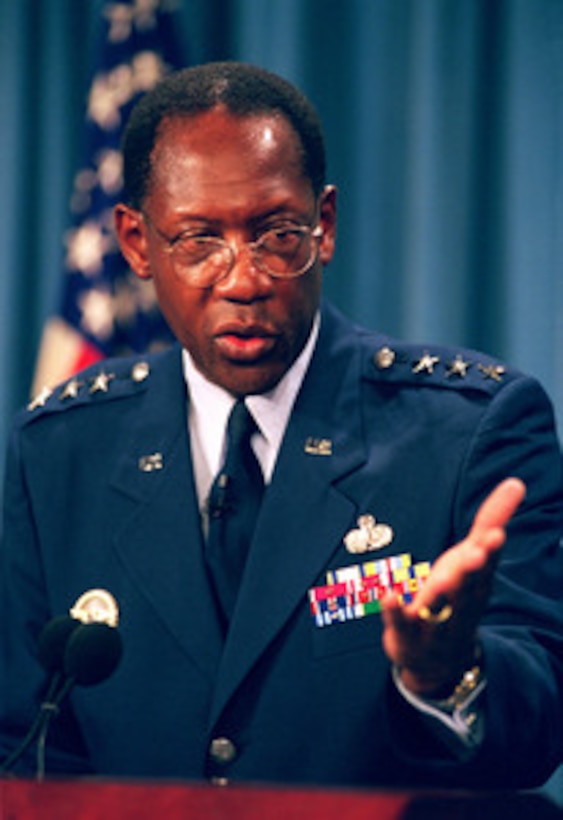 Air Force Lt. Gen. Lester L. Lyles, director of the Ballistic Missile Defense Organization, briefs reporters at the Pentagon, Jan. 20, 1999, on the latest developments in hardware, operational concepts, and political/diplomatic considerations relating to defense against missiles. 