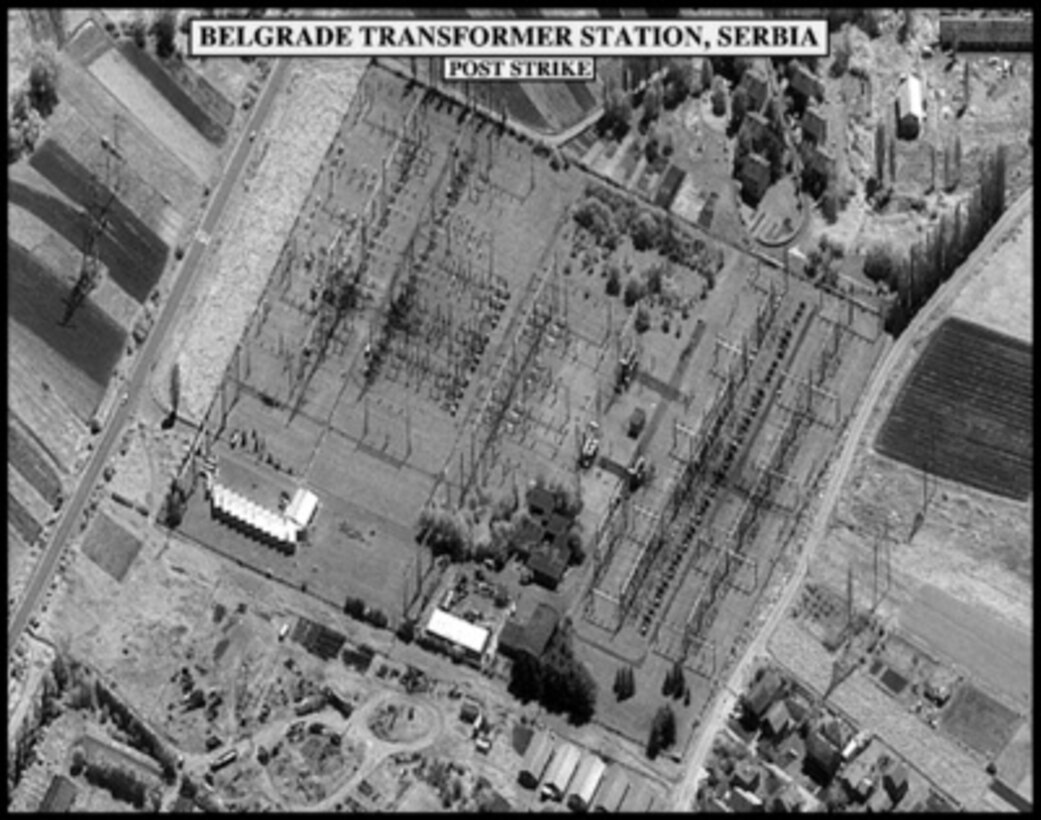 Post-strike bomb damage assessment photograph of the Belgrade Transformer Station, Serbia, used by Joint Staff Vice Director for Strategic Plans and Policy Maj. Gen. Charles F. Wald, U.S. Air Force, during a press briefing on NATO Operation Allied Force in the Pentagon on June 1, 1999. 