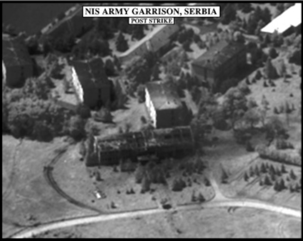 Post-strike bomb damage assessment photograph of the Nis Army Garrison, Serbia, used by Joint Staff Vice Director for Strategic Plans and Policy Maj. Gen. Charles F. Wald, U.S. Air Force, during a press briefing on NATO Operation Allied Force in the Pentagon on June 1, 1999. 