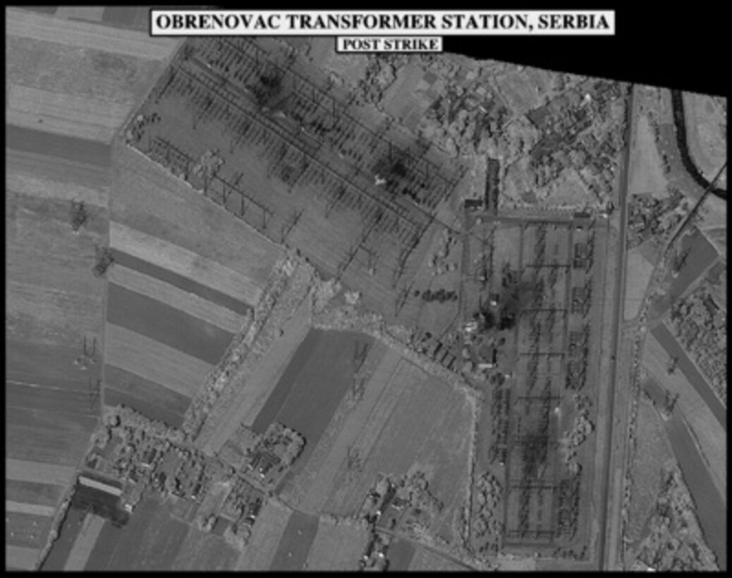 Post-strike bomb damage assessment photograph of the Obrenovac Transformer Station, Serbia, used by Joint Staff Vice Director for Strategic Plans and Policy Maj. Gen. Charles F. Wald, U.S. Air Force, during a press briefing on NATO Operation Allied Force in the Pentagon on June 2, 1999. 