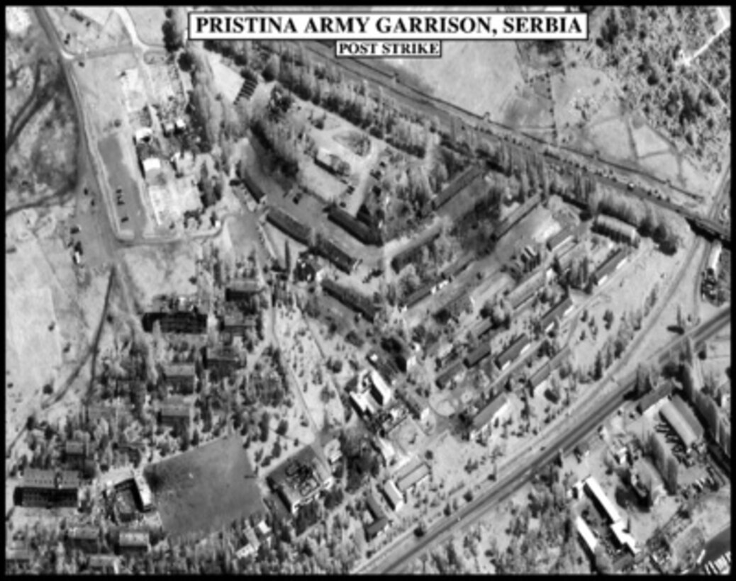 Post-strike bomb damage assessment photograph of the Pristina Army Garrison, Serbia, used by Joint Staff Vice Director for Strategic Plans and Policy Maj. Gen. Charles F. Wald, U.S. Air Force, during a press briefing on NATO Operation Allied Force in the Pentagon on June 2, 1999. 