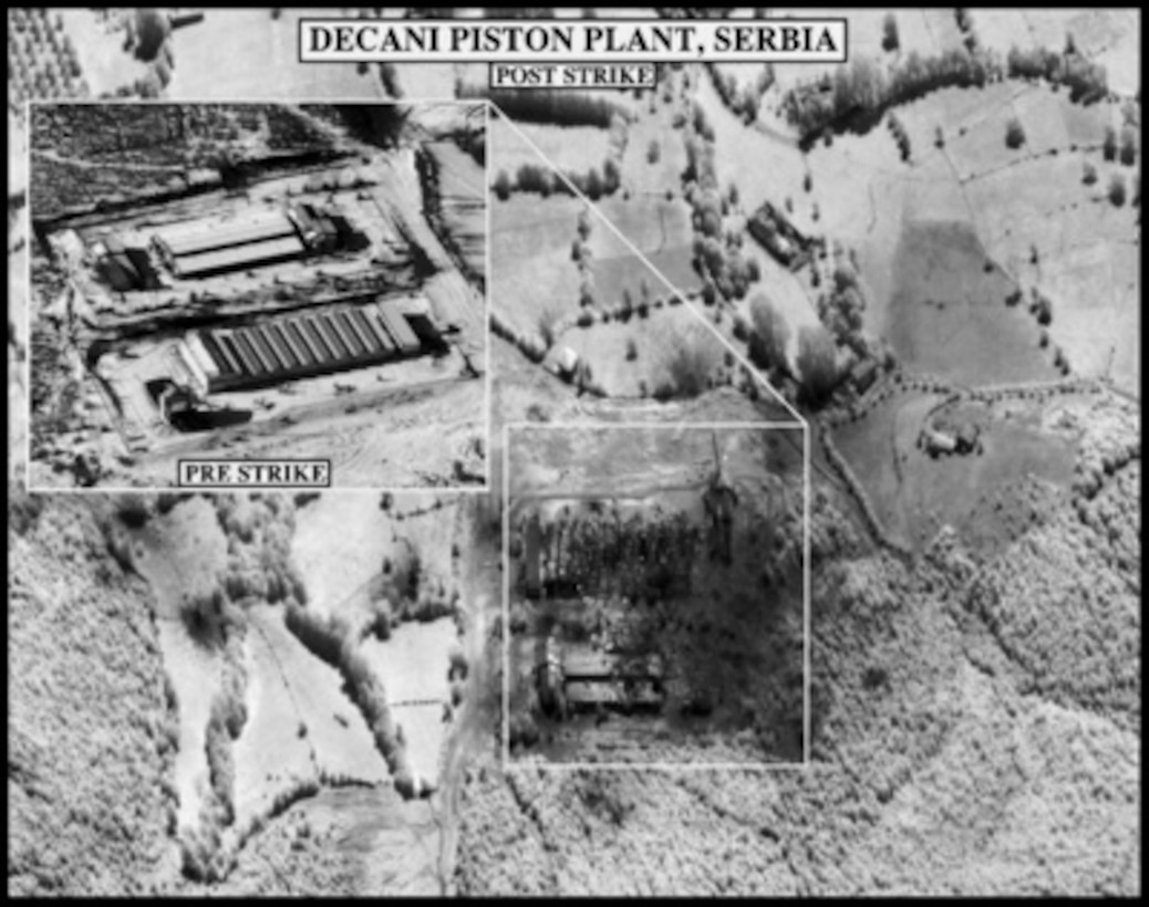 Post-strike bomb damage assessment photograph of the Decani Piston Plant, Serbia, used by Joint Staff Vice Director for Strategic Plans and Policy Maj. Gen. Charles F. Wald, U.S. Air Force, during a press briefing on NATO Operation Allied Force in the Pentagon on June 3, 1999. 