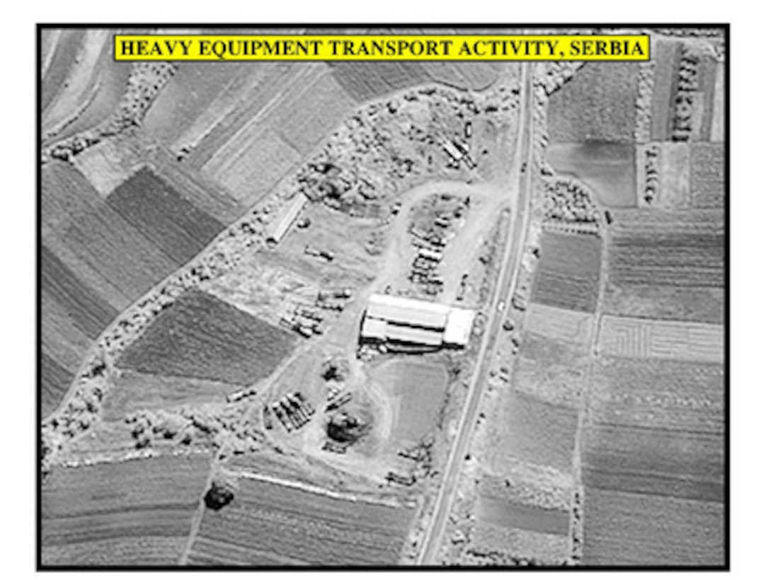 Assessment photograph of heavy equipment transport activity in Serbia, used by Joint Staff Vice Director for Strategic Plans and Policy Maj. Gen. Charles F. Wald, U.S. Air Force, during a press briefing on NATO Operation Allied Force in the Pentagon on June 9, 1999. 