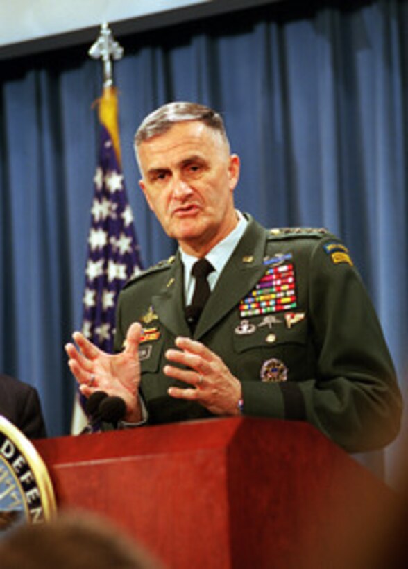 Gen. Henry H. Shelton, U.S. Army, chairman of the Joint Chiefs of Staff, briefs reporters at the Pentagon, June 10, 1999, on the effects of the 78-day NATO Operation Allied Force. Operation Allied Force was the air operation against targets in the Federal Republic of Yugoslavia. He then when on to outline the plan for introducing U.S. military peace keeping forces into the Kosovo region. 