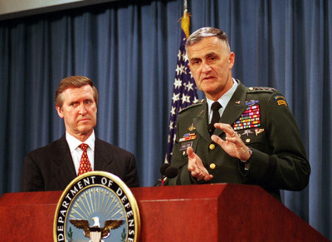 Secretary of Defense William S. Cohen (left) and Gen. Henry H. Shelton, U.S. Army, chairman of the Joint Chiefs of Staff (right) brief Pentagon reporters on their preliminary assessment of the effectiveness of NATO Operation Allied Force. Operation Allied Force was the air operation against targets in the Federal Republic of Yugoslavia. They also covered plans for the introduction of U.S. peace keeping forces into the Kosovo region. 