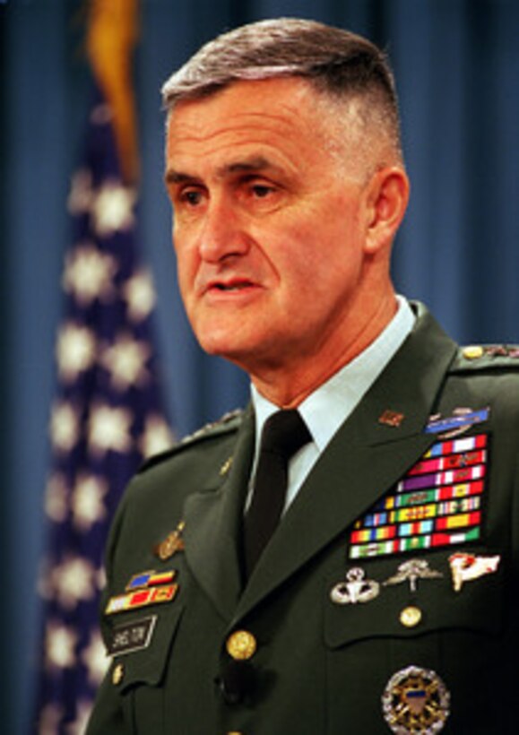 Gen. Henry H. Shelton, U.S. Army, chairman of the Joint Chiefs of Staff, briefs reporters during a Pentagon press briefing on June 21, 1999, about the planned redeployment of U.S. air assets back to their home bases in the United States and Europe, following the successful completion of NATO Operation Allied Force. Allied Force was the air operation against targets in the Federal Republic of Yugoslavia. Shelton provided an update on the deployment of KFOR which is the NATO-led, international military force which will deploy into Kosovo on a peacekeeping mission known as Operation Joint Guardian. 