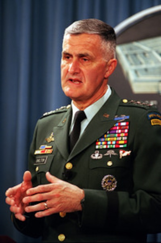 Gen. Henry H. Shelton, U.S. Army, chairman of the Joint Chiefs of Staff, briefs reporters during a Pentagon press briefing on June 21, 1999, about the planned redeployment of U.S. air assets back to their home bases in the United States and Europe, following the successful completion of NATO Operation Allied Force. Allied Force was the air operation against targets in the Federal Republic of Yugoslavia. Shelton provided an update on the deployment of KFOR which is the NATO-led, international military force which will deploy into Kosovo on a peacekeeping mission known as Operation Joint Guardian. KFOR will ultimately consist of over 50,000 troops from more than 24 contributing nations, including NATO member-states, Partnership for Peace nations and others. 