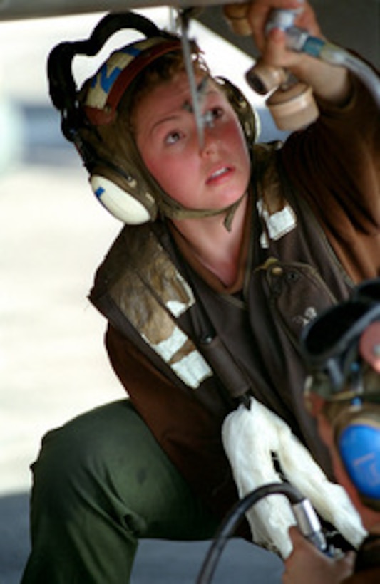 U.S. Navy Airman Shannon Ireland performs maintenance on an F/A-18 Hornet on the flight deck of the USS Carl Vinson (CVN 70) while the aircraft carrier operates in the Persian Gulf on March 5, 1999. Vinson and its embarked Carrier Air Wing 11 are on station in the Gulf in support of Operation Southern Watch, which is the U.S. and coalition enforcement of the no-fly-zone over Southern Iraq. Ireland, from Chicago, Ill., is an aviation electronics technician. 