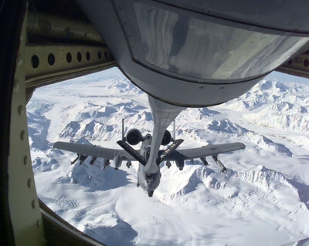 An A/OA-10 Thunderbolt II is refueled by a KC-135R Stratotanker during Exercise Northern Edge '99 on March 9, 1999. The Thunderbolt, affectionately known as a Warthog, is from the 355th Fighter Squadron, Eielson Air Force Base, Alaska. The Stratotanker is attached to the 168th Air Refueling Squadron, Alaska Air National Guard. 