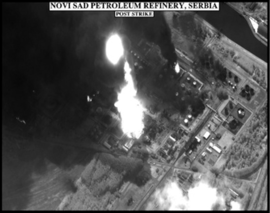 Post-strike bomb damage assessment photograph of the Novi Sad Petroleum Refinery, Serbia, used by Joint Staff Vice Director for Strategic Plans and Policy Maj. Gen. Charles F. Wald, U.S. Air Force, during a press briefing on NATO Operation Allied Force in the Pentagon on May 3, 1999. 