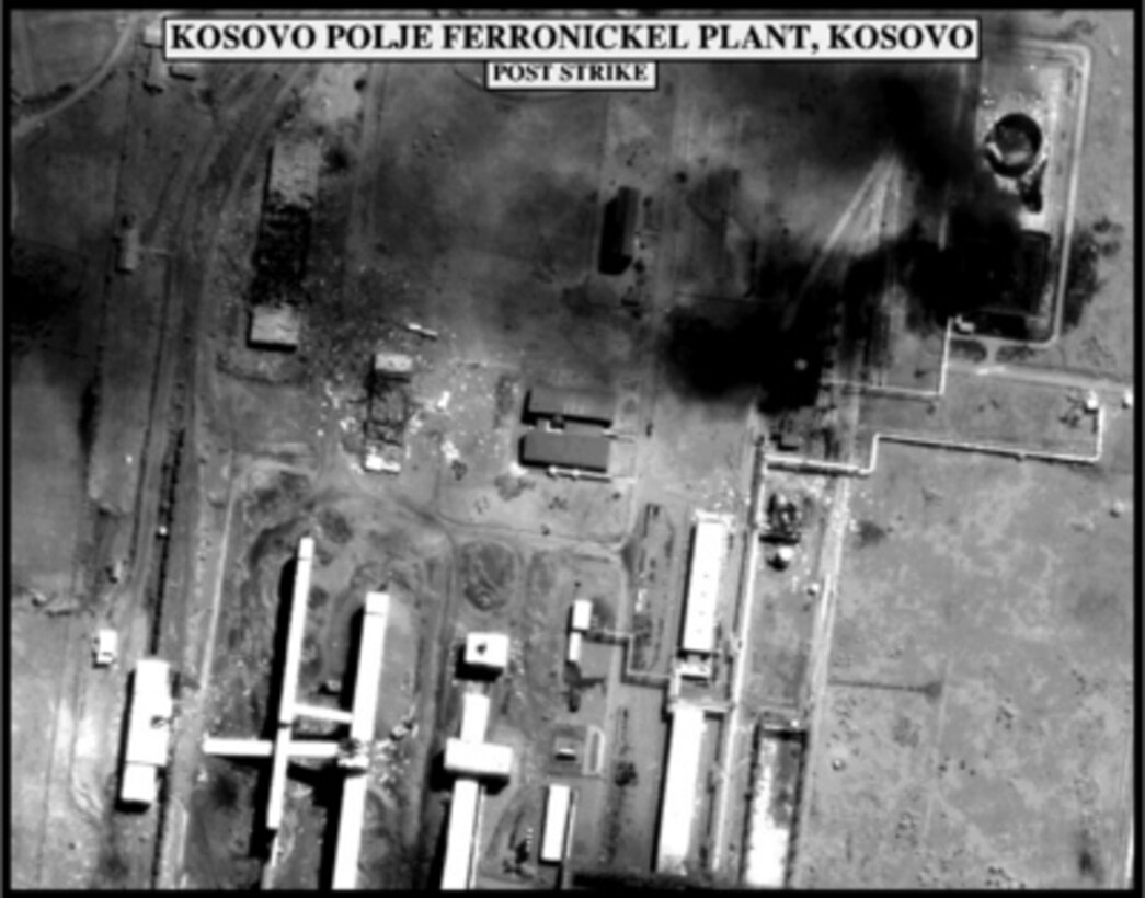 Post-strike bomb damage assessment photograph of the Kosovo Polje Ferronickel Plant, Kosovo, used by Joint Staff Vice Director for Strategic Plans and Policy Maj. Gen. Charles F. Wald, U.S. Air Force, during a press briefing on NATO Operation Allied Force in the Pentagon on May 5, 1999. 