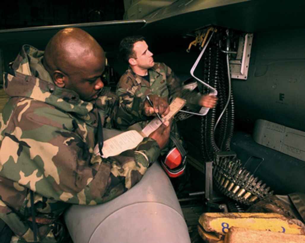 U.S. Air Force Staff Sgt. Michael Hawkins (left) annotates in the munitions load list as Senior Airman Eric Robinson loads 20 mm high explosive ammunition into an F-16 Fighting Falcon at Aviano Air Base, Italy, on April 21, 1999. The Fighting Falcon is being prepared for an NATO Operation Allied Force mission against targets in the Federal Republic of Yugoslavia. Hawkins and Robinson are assigned to the 510th Fighter Squadron at Aviano in support of Operation Allied Force. 