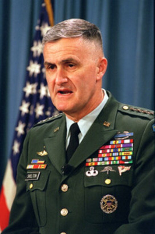 Chairman of the Joint Chiefs of Staff Gen. Henry H. Shelton, U.S. Army, answers a reporter's question during a Pentagon press briefing on NATO Operation Allied Force on April 29, 1999. Operation Allied Force is the air operation against targets in the Federal Republic of Yugoslavia. 