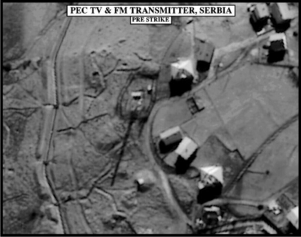Pre-strike assessment photograph of the Pec TV and FM Transmitter, Serbia, used by Joint Staff Vice Director for Strategic Plans and Policy Maj. Gen. Charles F. Wald, U.S. Air Force, during a press briefing on NATO Operation Allied Force in the Pentagon on May 5, 1999. 