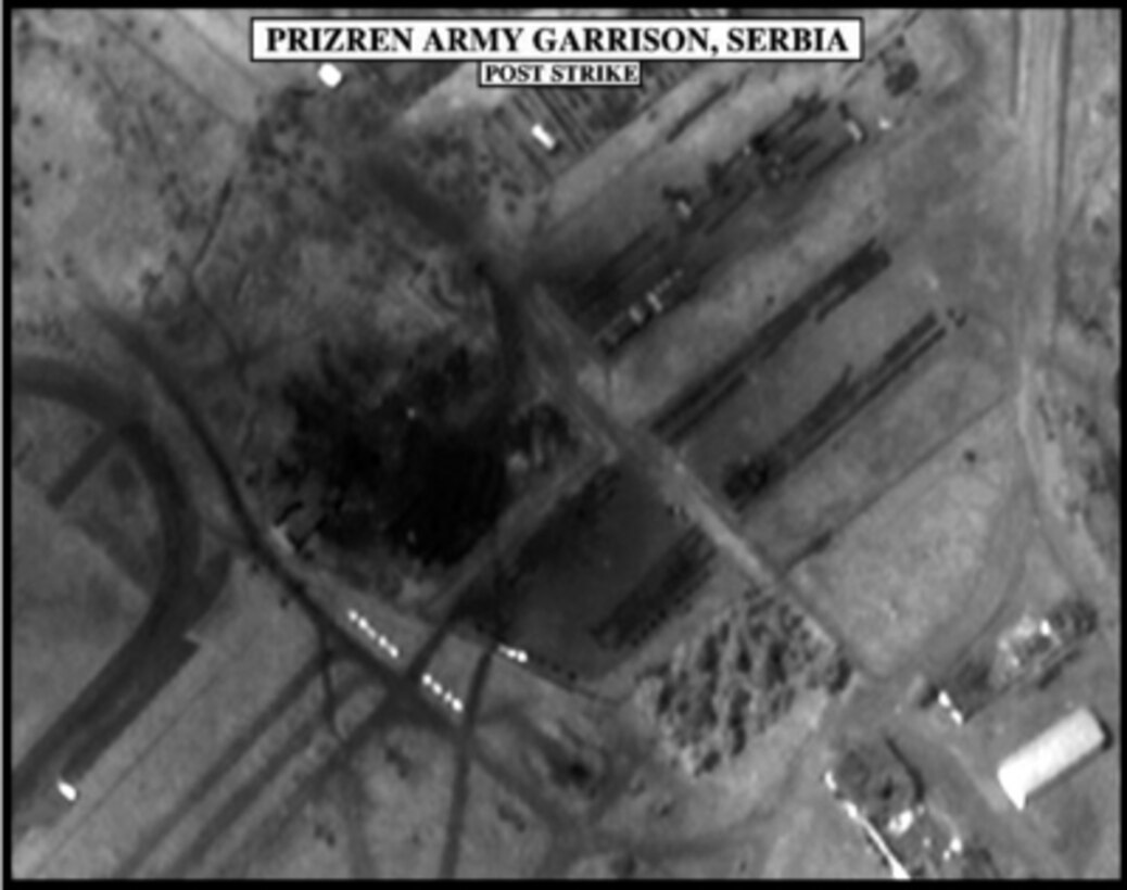 Post-strike bomb damage assessment photograph of the Prizren Army Garrison, Serbia, used by Joint Staff Vice Director for Strategic Plans and Policy Maj. Gen. Charles F. Wald, U.S. Air Force, during a press briefing on NATO Operation Allied Force in the Pentagon on May 5, 1999. 