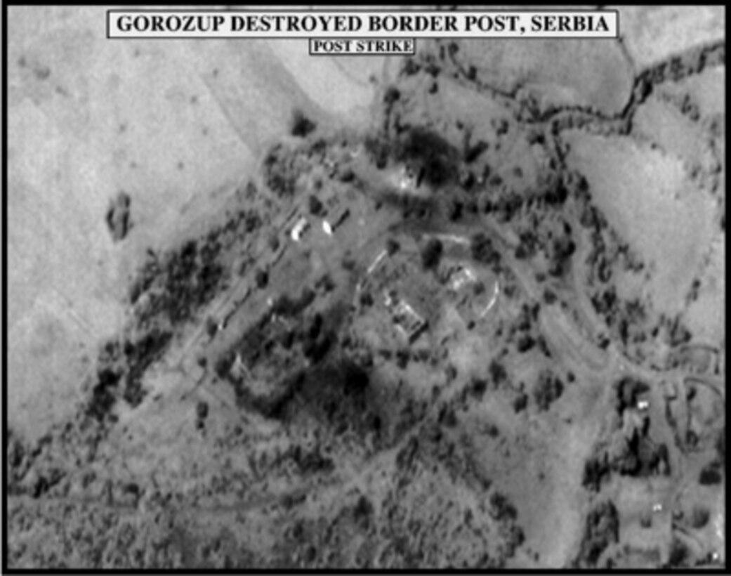 Post-strike bomb damage assessment photograph of the Gorozup Destroyed Border Post, Serbia, used by Joint Staff Vice Director for Strategic Plans and Policy Maj. Gen. Charles F. Wald, U.S. Air Force, during a press briefing on NATO Operation Allied Force in the Pentagon on May 6, 1999. 