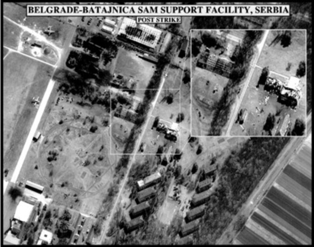 Post-strike bomb damage assessment photograph of the Belgrade-Batajanica SAM Support Facility, Serbia, used by Joint Staff Vice Director for Strategic Plans and Policy Maj. Gen. Charles F. Wald, U.S. Air Force, during a press briefing on NATO Operation Allied Force in the Pentagon on May 7, 1999. 