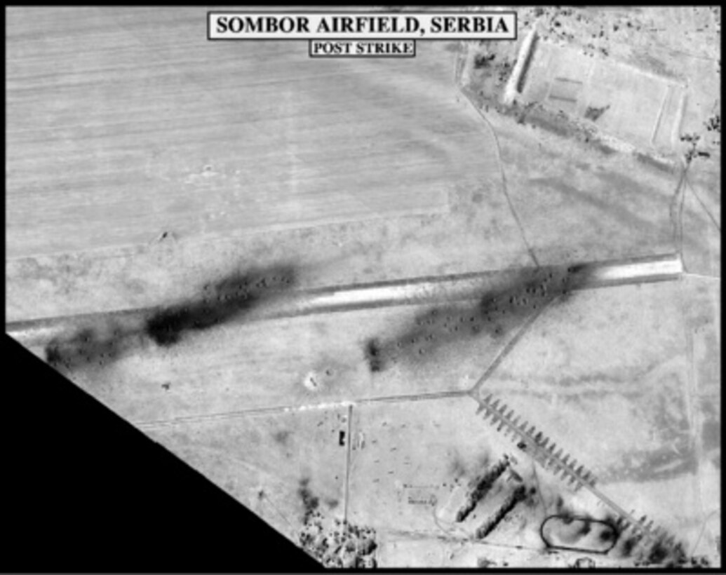 Post-strike bomb damage assessment photograph of the Sombor Airfield, Serbia, used by Joint Staff Vice Director for Strategic Plans and Policy Maj. Gen. Charles F. Wald, U.S. Air Force, during a press briefing on NATO Operation Allied Force in the Pentagon on May 12, 1999. 
