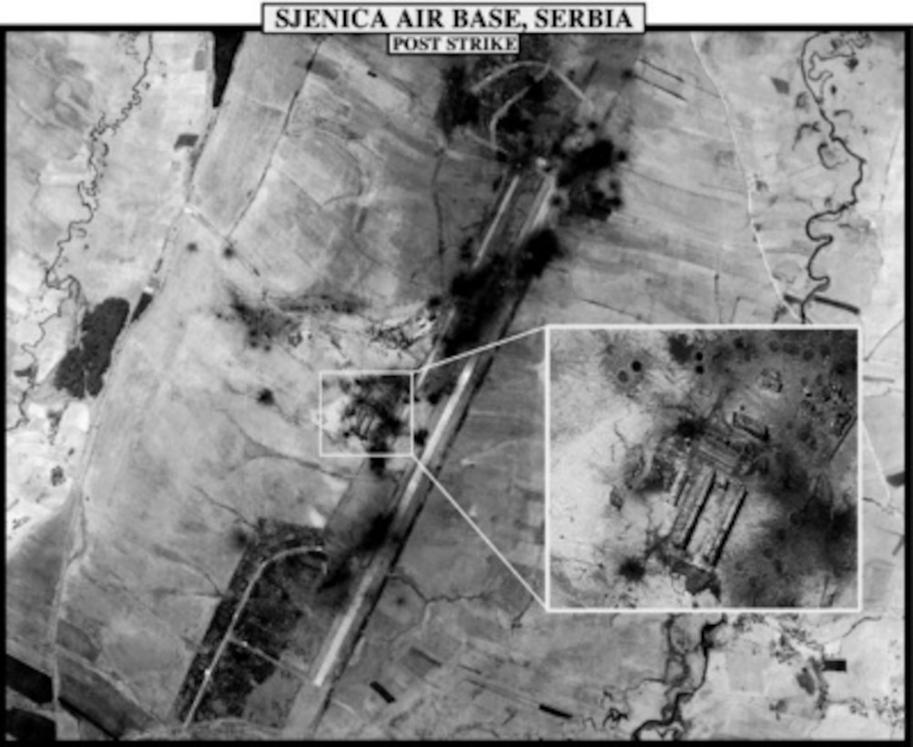 Post-strike bomb damage assessment photograph of the Sjenica Air Base, Serbia, used by Joint Staff Vice Director for Strategic Plans and Policy Maj. Gen. Charles F. Wald, U.S. Air Force, during a press briefing on NATO Operation Allied Force in the Pentagon on May 12, 1999. 