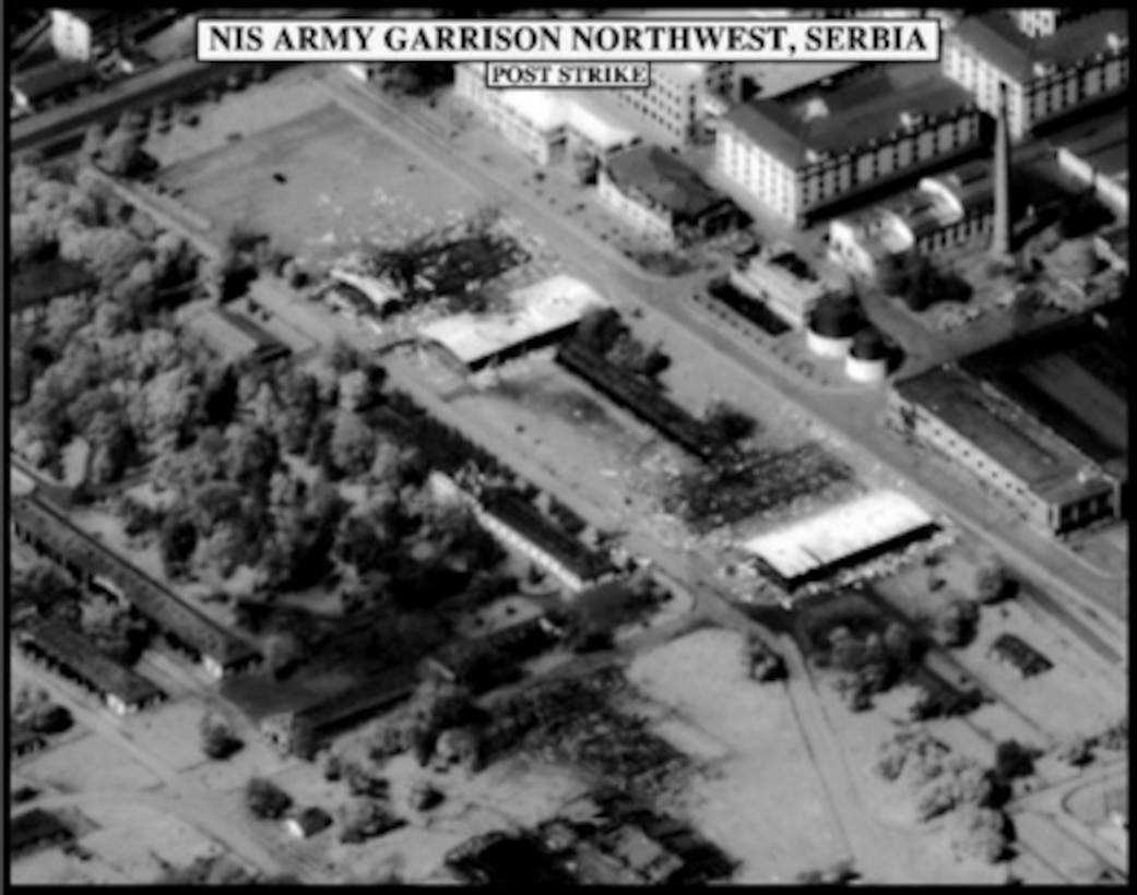 Post-strike bomb damage assessment photograph of the Nis Army Garrison Northwest, Serbia, used by Joint Staff Vice Director for Strategic Plans and Policy Maj. Gen. Charles F. Wald, U.S. Air Force, during a press briefing on NATO Operation Allied Force in the Pentagon on May 13, 1999. 