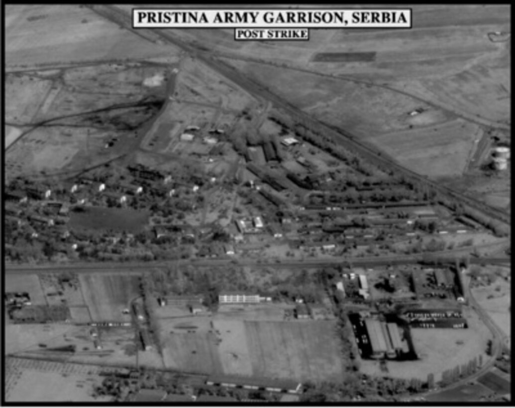 Post-strike bomb damage assessment photograph of the Pristina Army Garrison, Serbia, used by Joint Staff Vice Director for Strategic Plans and Policy Maj. Gen. Charles F. Wald, U.S. Air Force, during a press briefing on NATO Operation Allied Force in the Pentagon on May 13, 1999. 