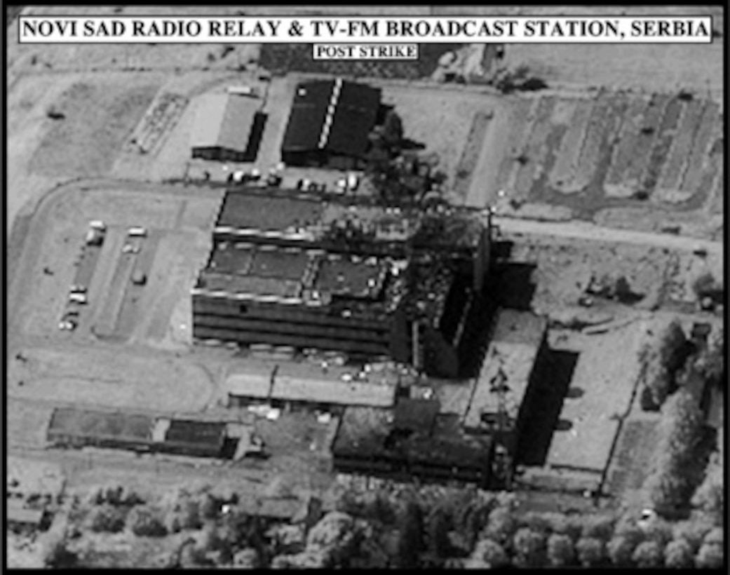Post-strike bomb damage assessment photograph of the Novi Sad Radio Relay and TV-FM Broadcast Station, Serbia, used by Joint Staff Vice Director for Strategic Plans and Policy Maj. Gen. Charles F. Wald, U.S. Air Force, during a press briefing on NATO Operation Allied Force in the Pentagon on May 13, 1999. 