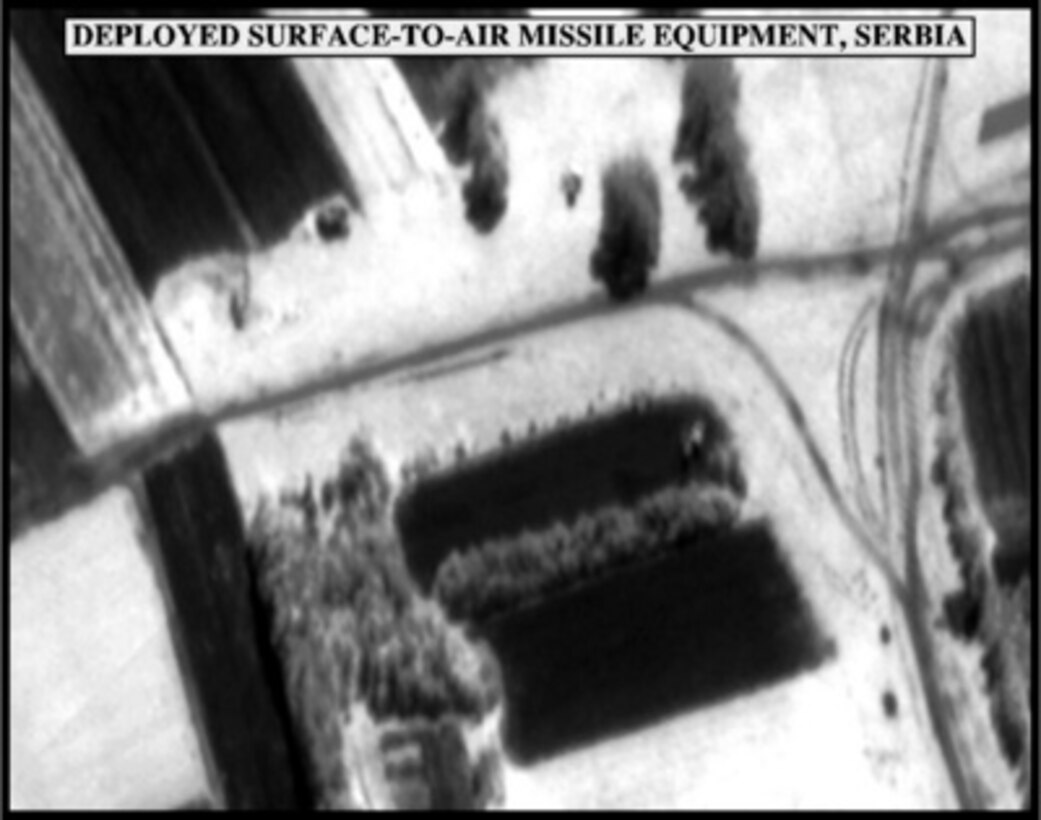 Pre-strike assessment photograph of Deployed Surface-to-Air Missile Equipment, Serbia, used by Joint Staff Vice Director for Strategic Plans and Policy Maj. Gen. Charles F. Wald, U.S. Air Force, during a press briefing on NATO Operation Allied Force in the Pentagon on May 14, 1999. 
