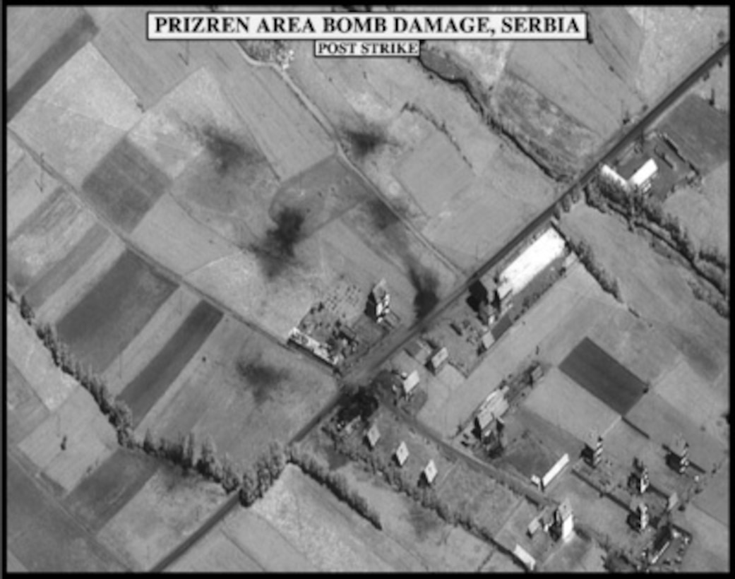 Post-strike bomb damage assessment photograph of the Prizren Area Bomb Damage, Serbia, used by Joint Staff Vice Director for Strategic Plans and Policy Maj. Gen. Charles F. Wald, U.S. Air Force, during a press briefing on NATO Operation Allied Force in the Pentagon on May 15, 1999. 