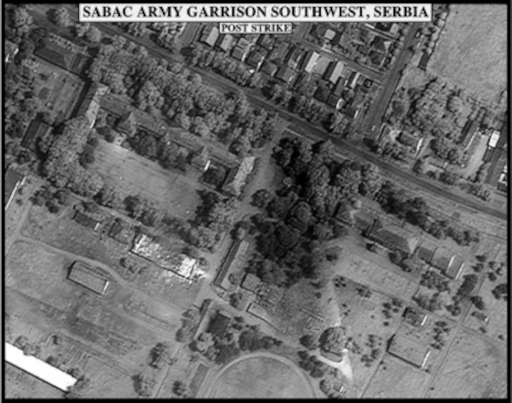 Post-strike bomb damage assessment photograph of the Sabac Army Garrison Southwest, Serbia, used by Joint Staff Vice Director for Strategic Plans and Policy Maj. Gen. Charles F. Wald, U.S. Air Force, during a press briefing on NATO Operation Allied Force in the Pentagon on May 17, 1999. 