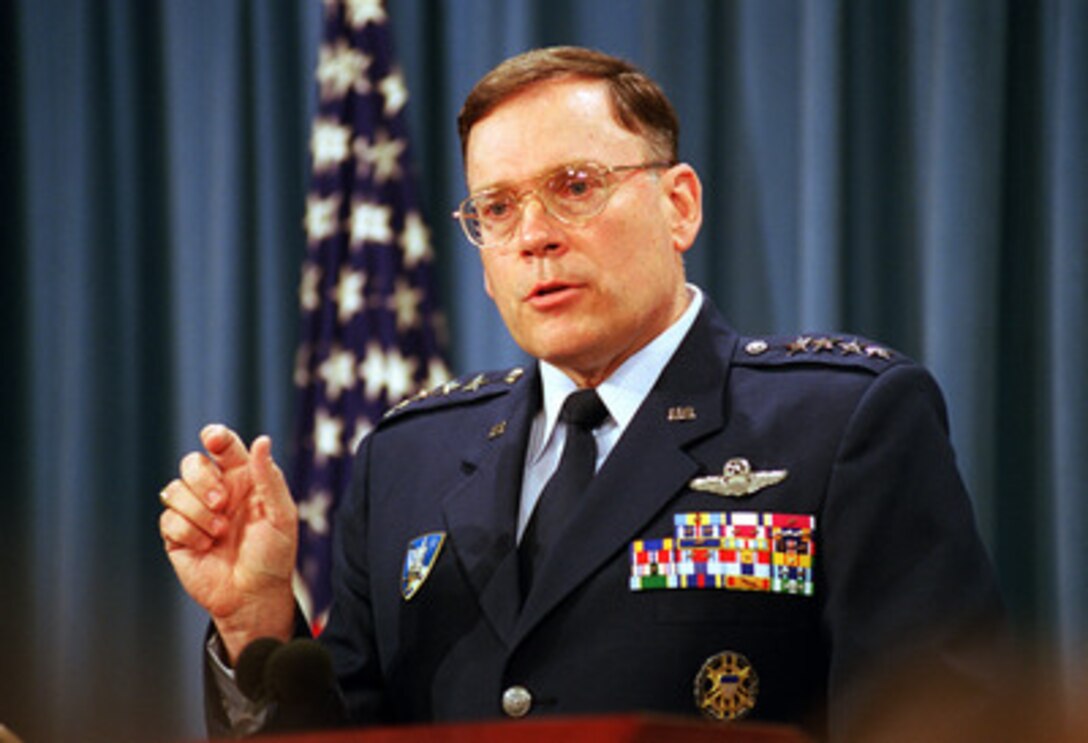 Gen. John Jumper, commander, U.S. Air Forces Europe, gives his personal view of the progress of NATO Operation Allied Force during a Pentagon press conference on May 14, 1999. Operation Allied Force is the air operation against targets in the Federal Republic of Yugoslavia. 