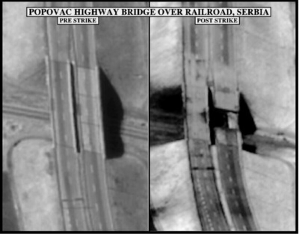 Pre-strike and post-strike bomb damage assessment photographs of the Popovac Highway Bridge over Railroad, Serbia, used by Joint Staff Vice Director for Strategic Plans and Policy Maj. Gen. Charles F. Wald, U.S. Air Force, during a press briefing on NATO Operation Allied Force in the Pentagon on May 19, 1999. 